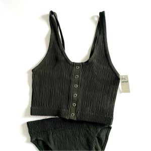 [aerie] Ribbed Bralette & High Waisted Cheeky Undies Set Olive Green Small NWT